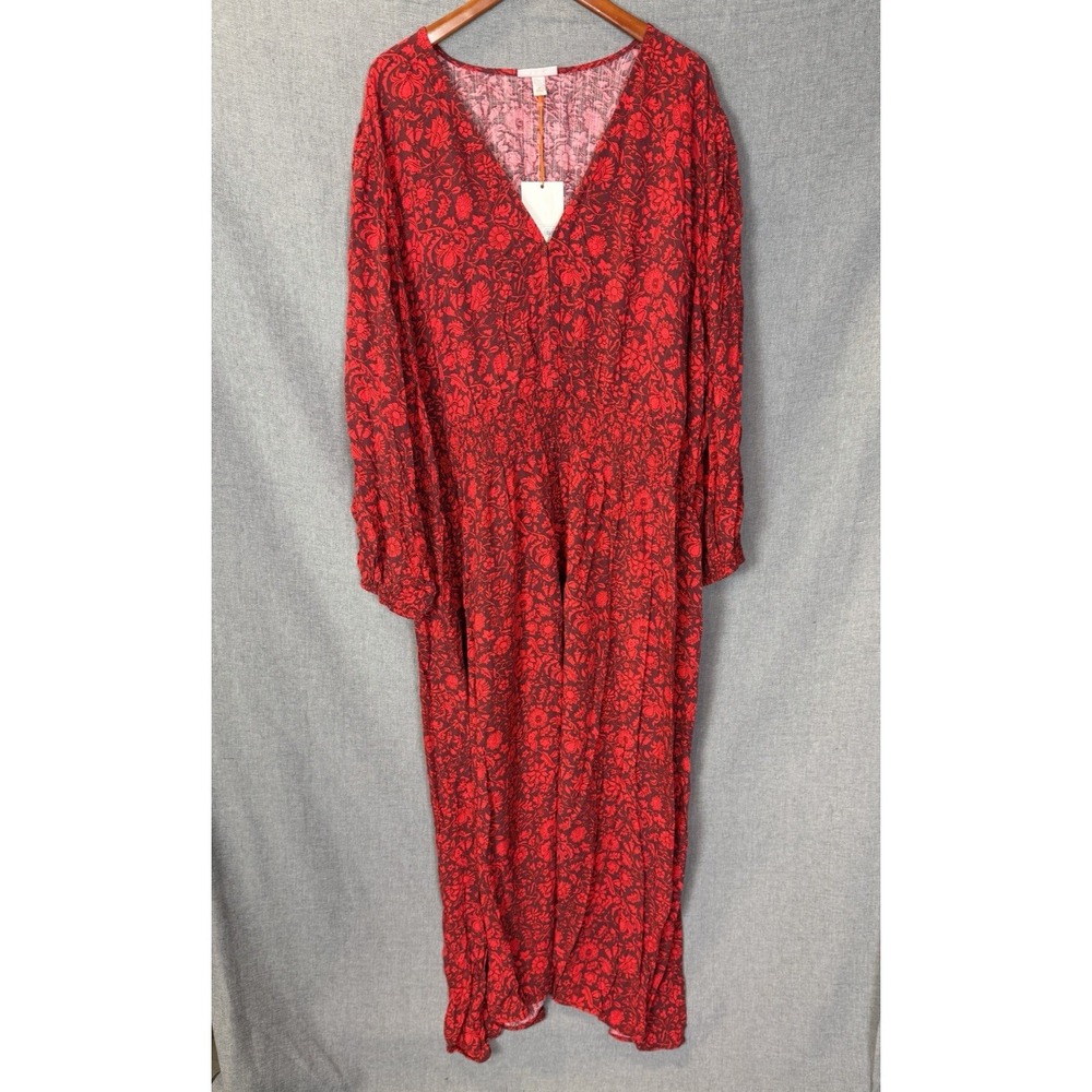 NEW Knox Rose Plus Sz 4X Smocked Dress Balloon Sleeve Red Black Floral Pockets